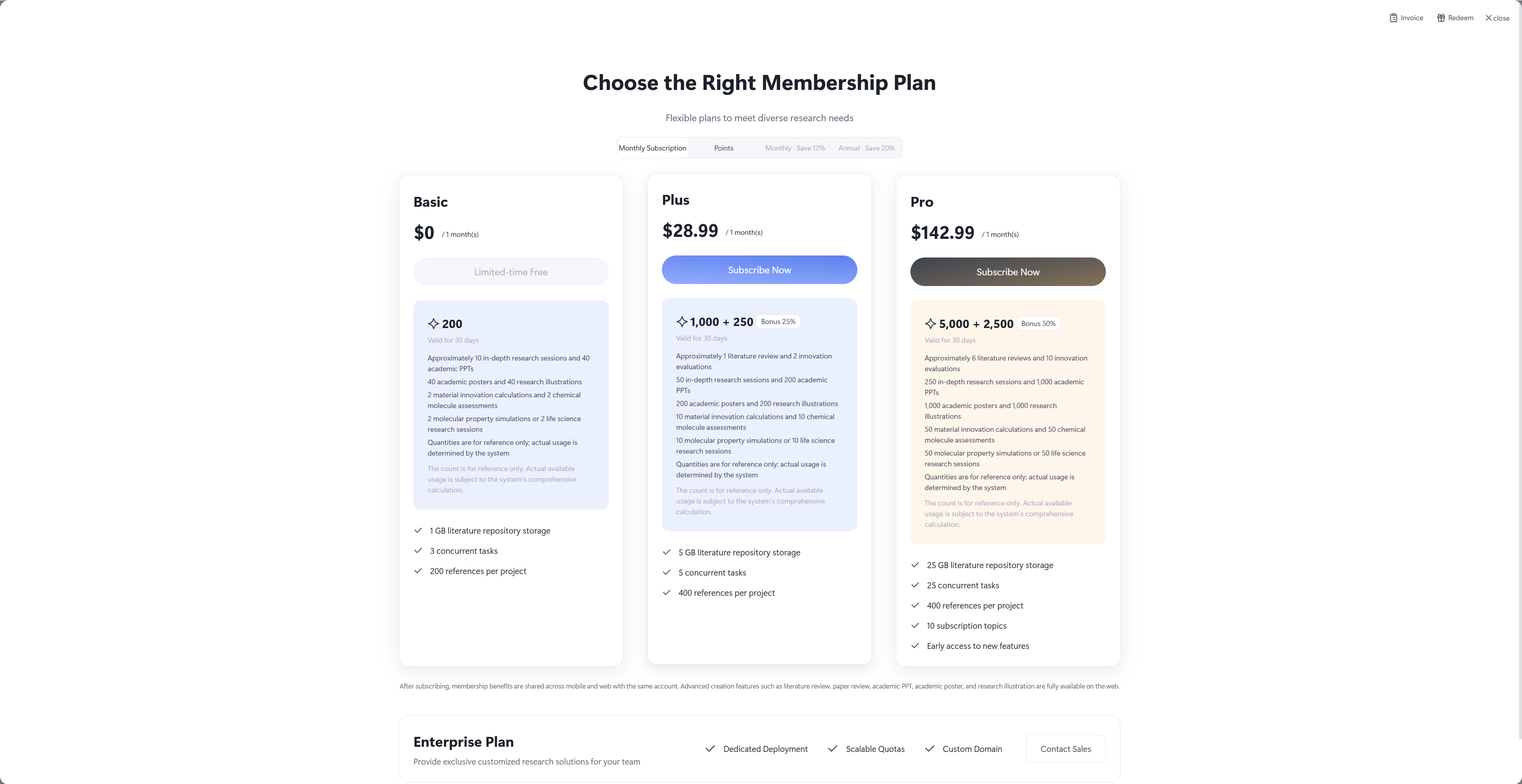 Monthly subscription options